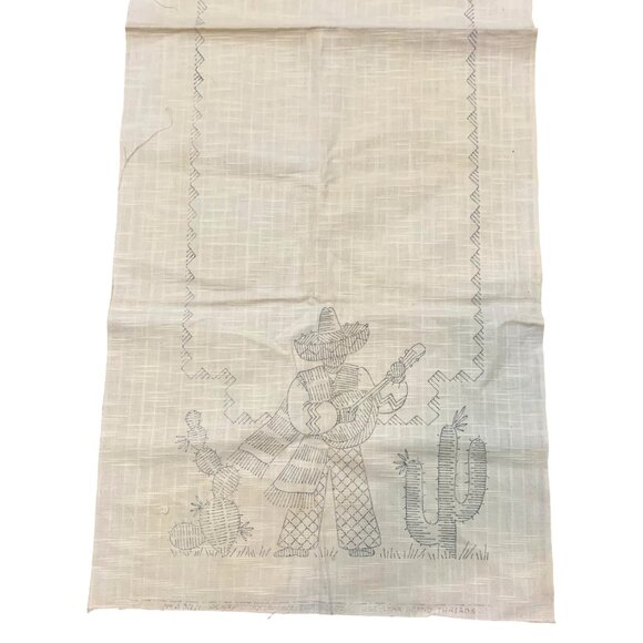 VTG Table Runner Scarf Needlepoint Canvas Mexico Cowboy Dancer Design Cotton - Picture 4 of 7